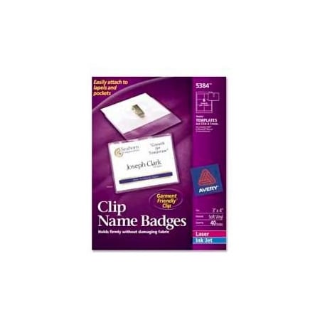 Avery Avery Clip Style Name Badges, 3" x 4", Clear, 40/Box 5384